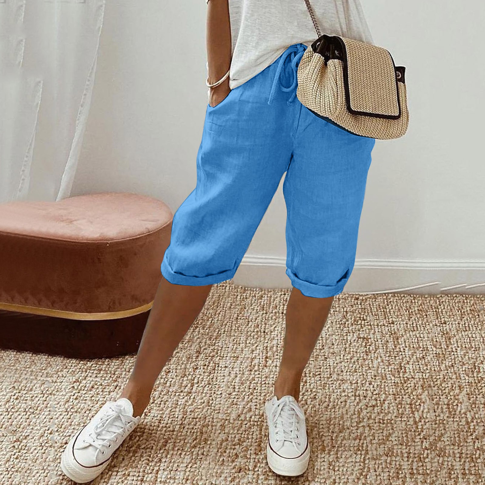 thumbnail image 2 of Pantalones capri informales de cintura alta para mujer - Bolsillos grandes - Cintura elástica - Terciopelo dorado ligero - Tallas S-XXL - Lavables a mano, 2 of 6